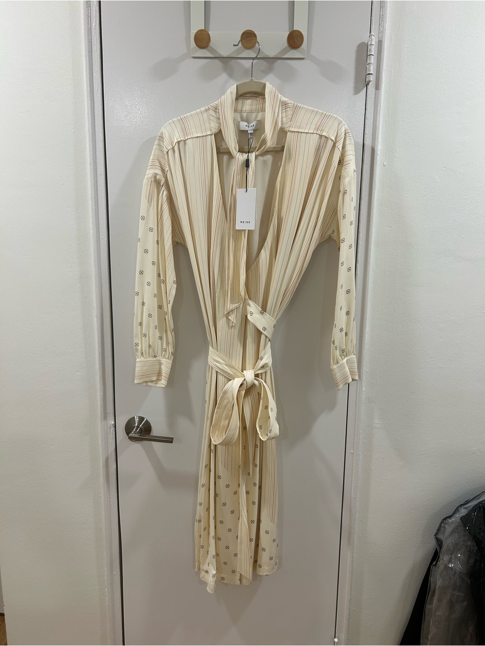 Reiss Cream Pleated Shirt Dress with Subtle Print